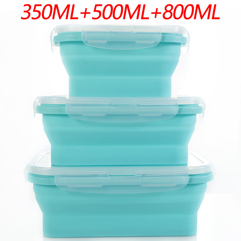 V888-ELOSUNG17548-216373-00 3-piece Set Blue Collapsible Silicone Food Storage Containers Set - 350ML, 500ML, 800ML | BPA-Free, Microwave, Dishwasher & Freezer Safe | Foldable & Portable Bento Boxes for Travel & Outdoor - Image 1