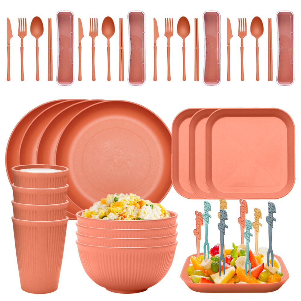 V888-ELOSUNG17618-216657-00 Four-person Set Orange Eco-Friendly Wheat Straw Dinnerware Set, Plate, Bowl, Cup & Utensil Set - Lightweight, Reusable, and Durable for Home, School, and Travel - Image 1