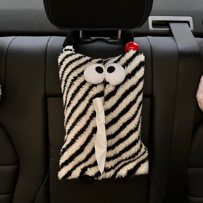 V888-ELOSUNG17638-216899-00 Black And White Cartoon Monster Tissue Box, Plush Tissue Holder for Car or Home, Cute and Fun Design - Image 1