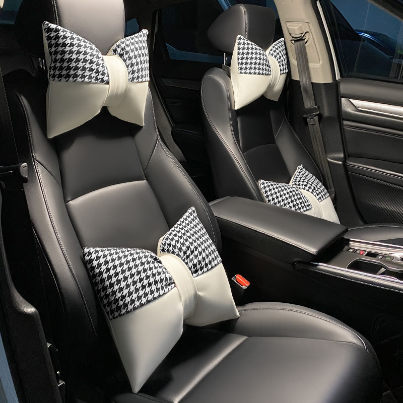 V888-ELOSUNG17639-216845-00 1 Pair (Headrest + Pillow) White Cute Bowtie Car Headrest Pillow and Waist Cushion Set, Stylish Houndstooth Design, Soft Neck and Back Support for Car Interior - Image 1