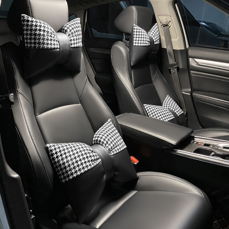 V888-ELOSUNG17640-216901-00 1 Pair (Headrest + Pillow) Black Cute Bowtie Car Headrest Pillow and Waist Cushion Set, Stylish Houndstooth Design, Soft Neck and Back Support for Car Interior - Image 1