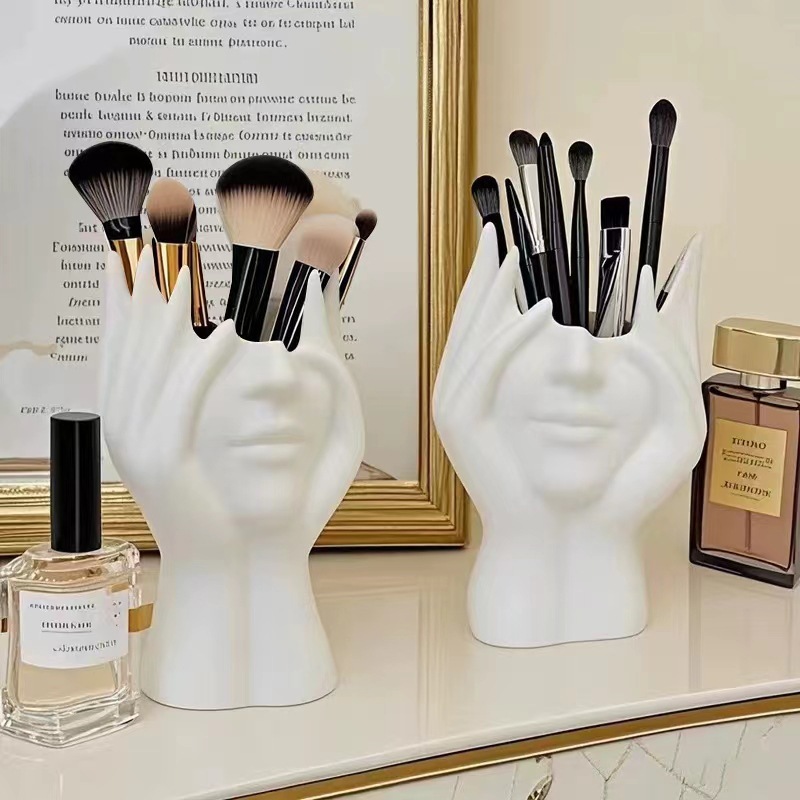 V888-ELOSUNG17657-218436-00 2 Pcs White Elegant Hand-Shaped Brush Holder – Creative Makeup Brush Organizer for Vanity and Desk(Makeup brush not included) - Image 1