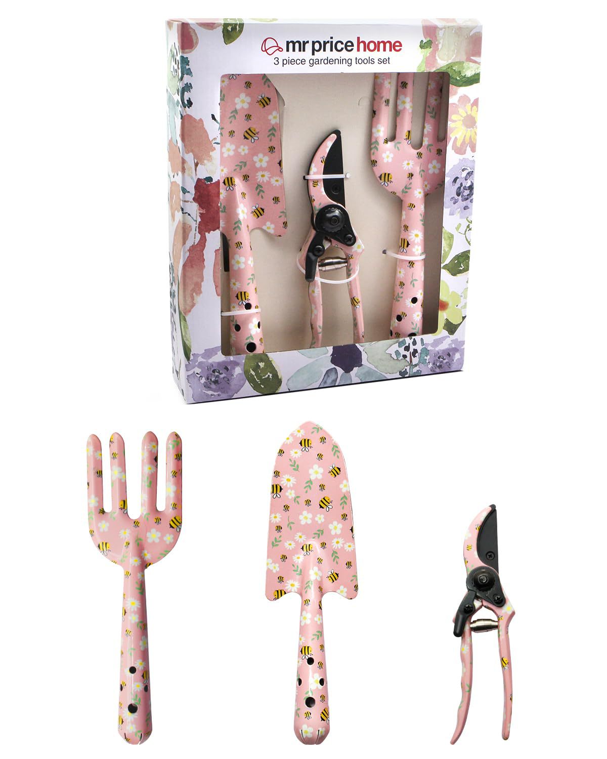 V888-ELOSUNG17669-219314-00 Pink 3-Piece Floral Print Garden Tool Set – Carbon Steel Pruner, Cultivator & Trowel for Gardening - Image 1