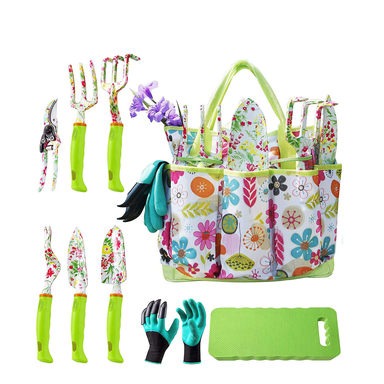 V888-ELOSUNG17700-219315-00 Green 9-Piece Floral Garden Tool Set for Women – Complete Gardening Kit with Tote Bag, Pruners, and Gloves - Image 1
