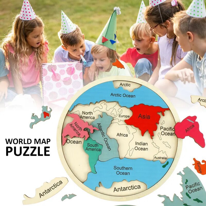 V888-ELOSUNG17718-222294-00 Colorful Wooden World Map Puzzle – 7 Continents Educational Geography Toy for Kids - Image 1