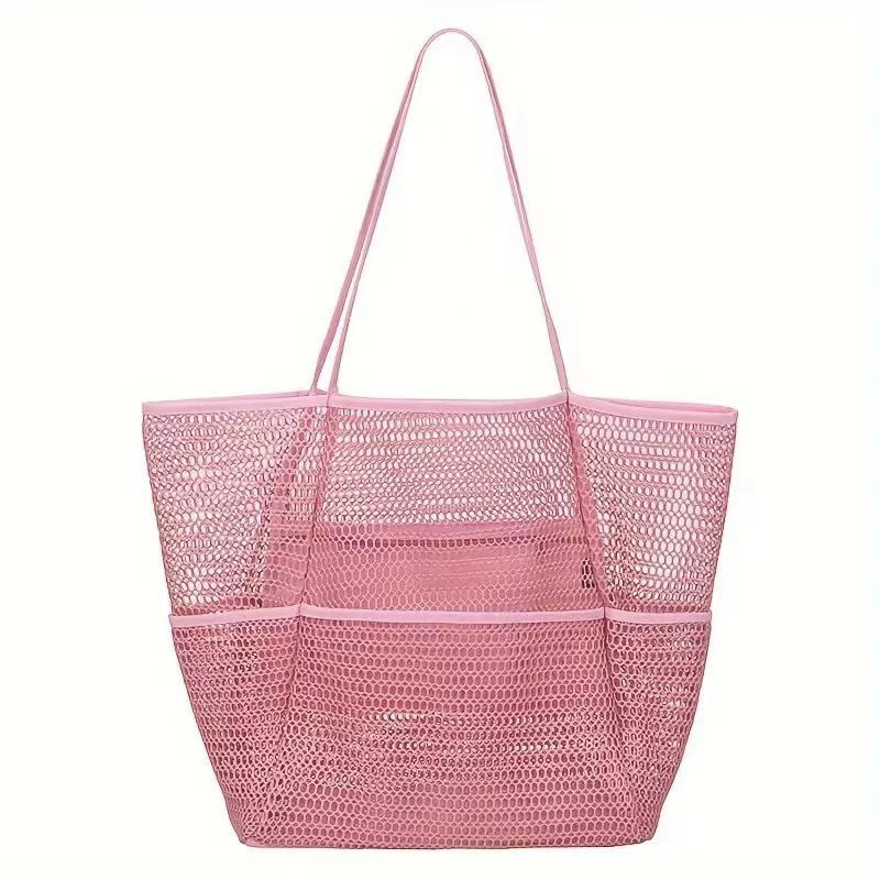 V888-ELOSUNG177340-222283-00 Pink Breathable Mesh Beach Tote Bag - Large Capacity Sand-Free Bag with Zipper Pocket & Multi-Purpose Storage - Image 1