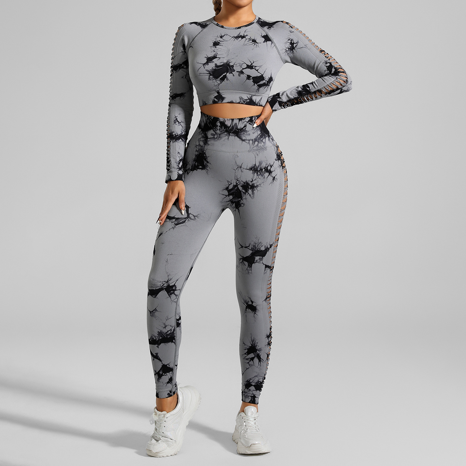 V888-ELOSUNG17842-224416-00 Light Gray Size L Tie-Dye Yoga Set Long Sleeve Butt Lift Leggings Seamless Workout Training Gym Clothes - Image 1