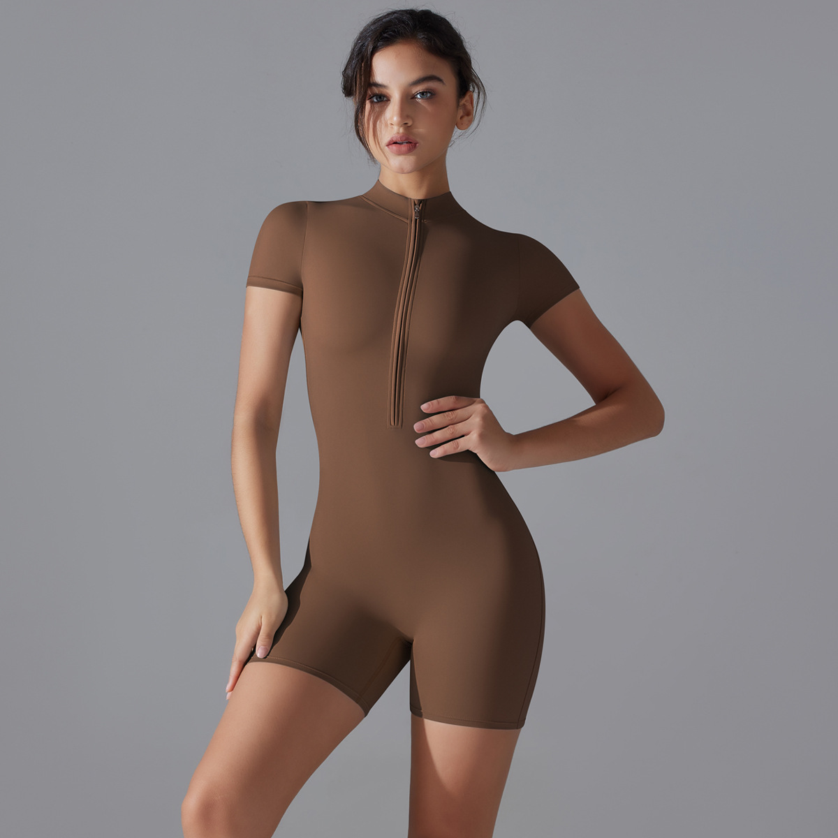 V888-ELOSUNG17877-224670-00 Brown Size L Women's Summer Zip-Up Bodysuit - Short Sleeve, High Stretch Yoga & Dance Outfit, Breathable Fitness Wear - Image 1