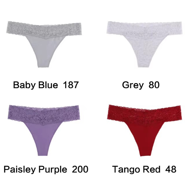 V888-ELOSUNG17935-224672-00 Size M Lace-Trimmed Thong Underwear - 4-Pack in Baby Blue,Grey,Paisley Purple and Tange Red - Image 1
