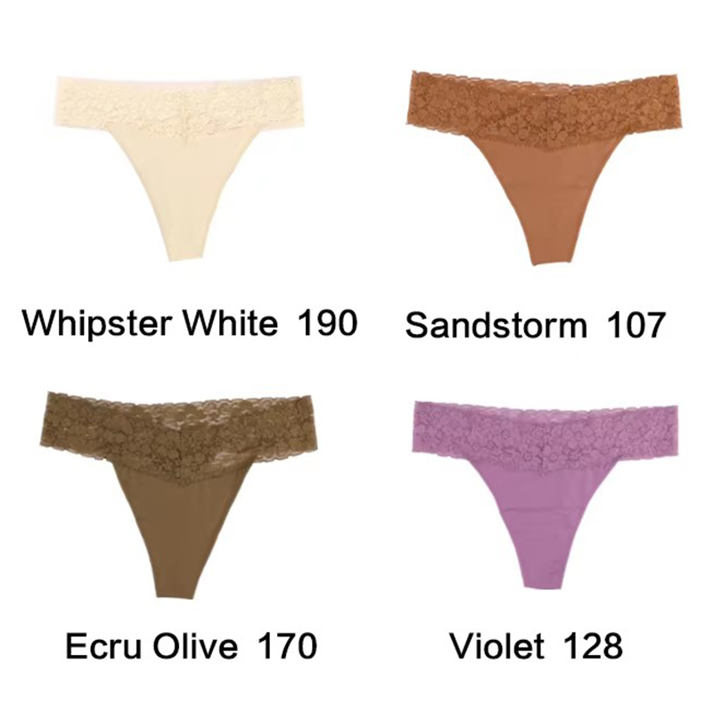 V888-ELOSUNG17941-224710-00 Size S Lace-Trimmed Thong Underwear - 4-Pack in Whipster White,Sandstorm,Ecru Olive and Violet - Image 1