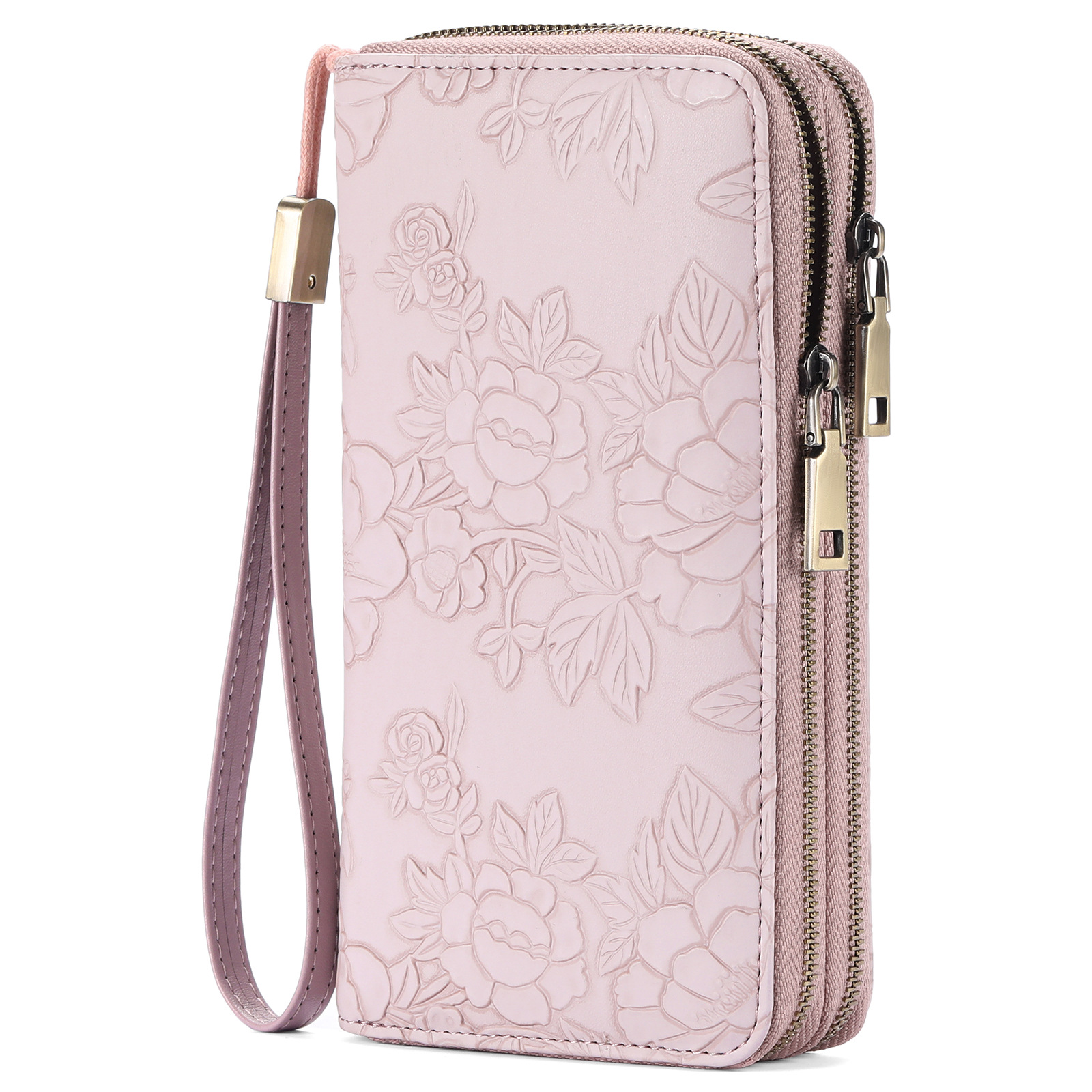V888-ELOSUNG18167-202504211221-00 Women's Large Capacity Double Zip Wallet Clutch | PU Leather Floral Embossed Wristlet | Phone Holder with 24 Card Slots - Purple - Image 1