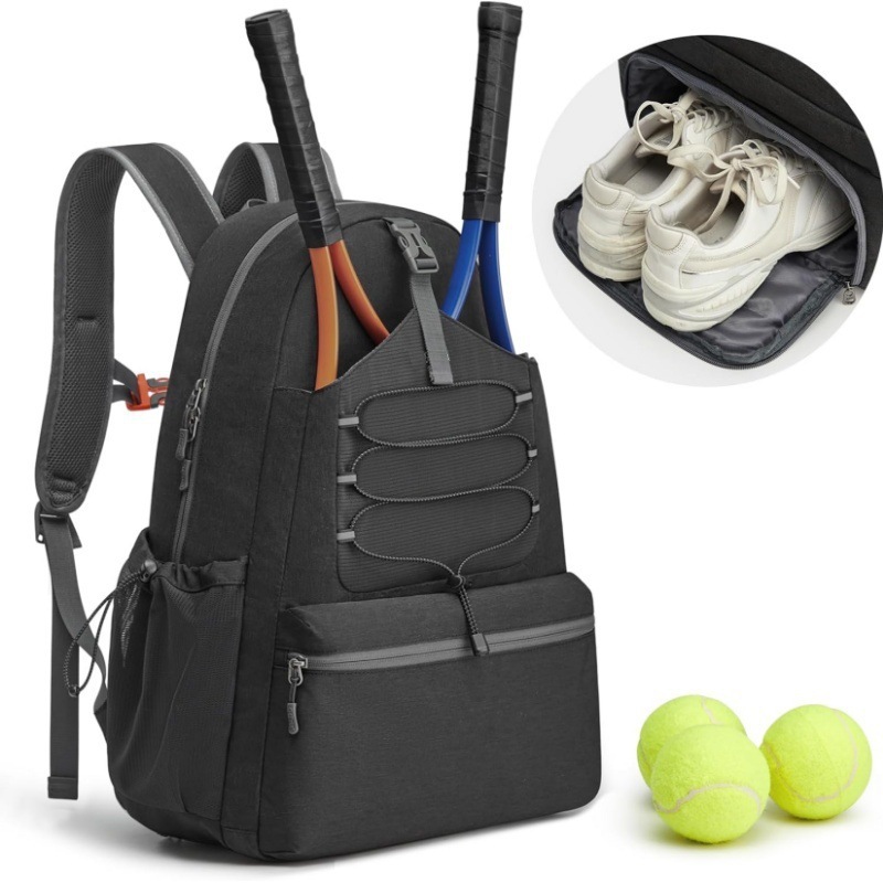 V888-ELOSUNG18205-202504281405-00 Black Lightweight Water Resistant Tennis Backpack - Multi-Pocket Sports Bag for Rackets, Balls & Gear - Image 1