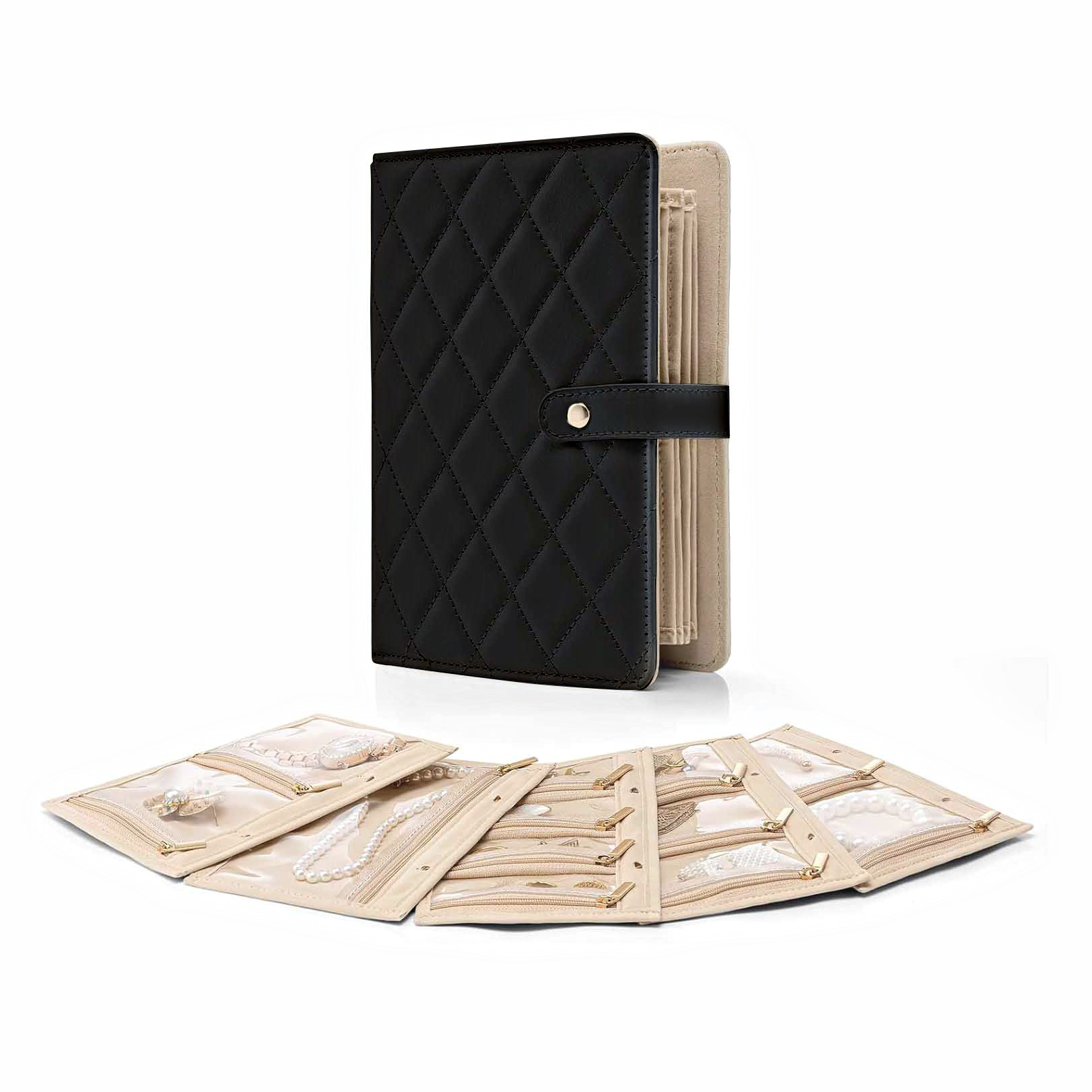 V888-ELOSUNG18209-202504281440-00 Black Elegant Quilted Travel Jewelry Organizer Binder - Portable Loose-Leaf Storage Book with Clear Zipper Pockets for Earrings, Necklaces, Rings - Image 1