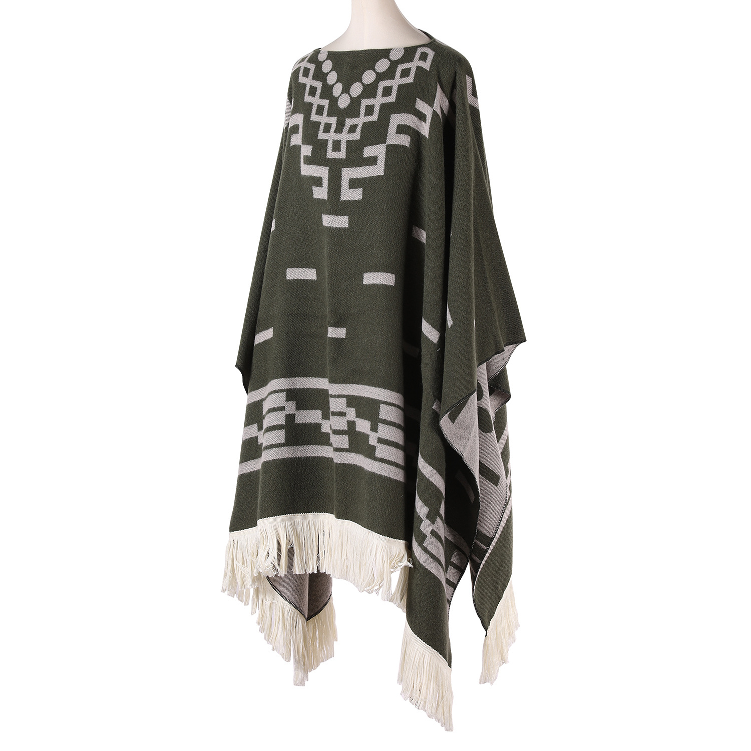 V888-ELOSUNG18218-202504291607-00 Green Women's Versatile Faux Cashmere Poncho Cape Shawl with Geometric Pattern & Fringe Trim - One Size - Image 1
