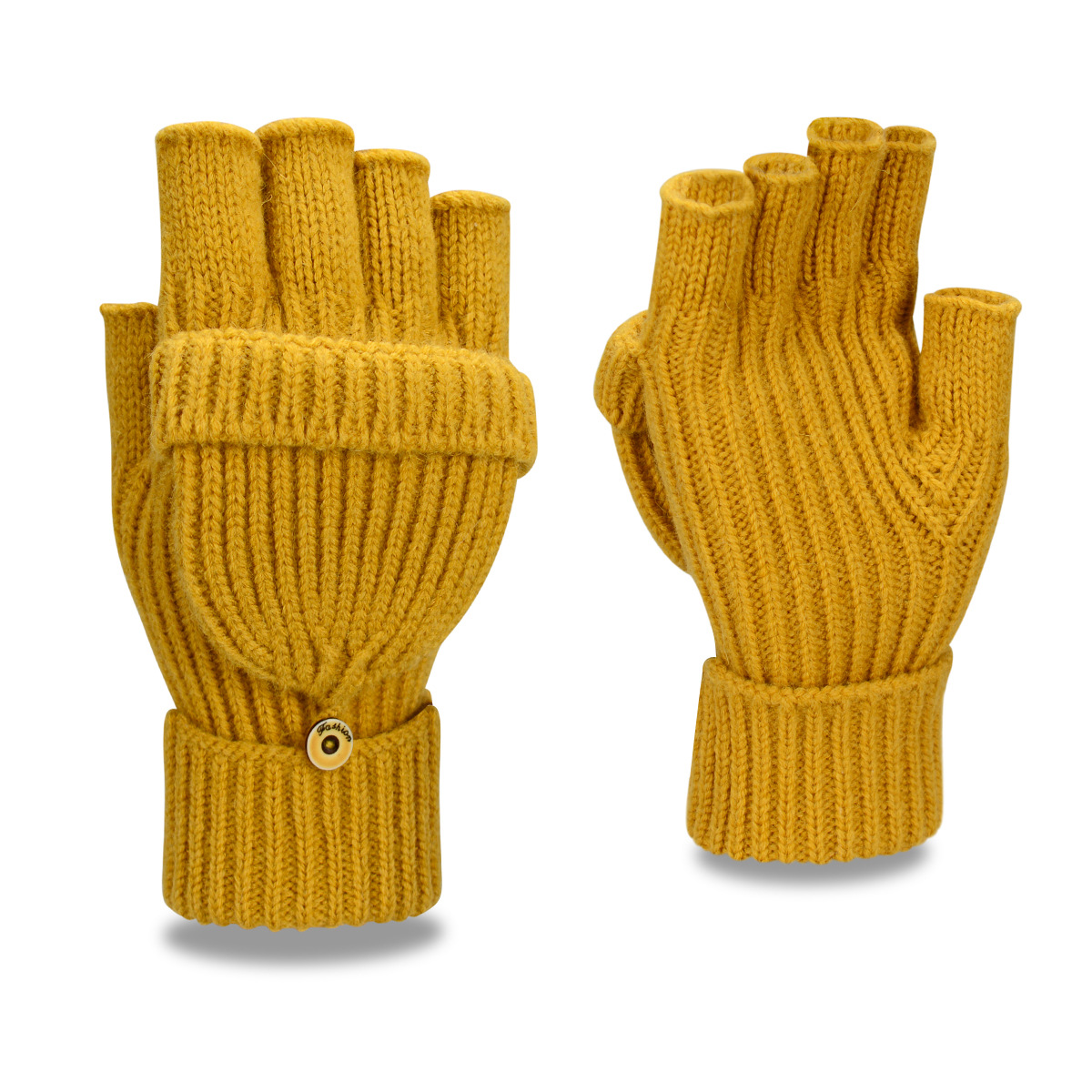 V888-ELOSUNG18304-202506101831-00 Yellow Winter Convertible Mittens - Warm Knitted 2-in-1 Fingerless Gloves with Flip Top Cover for Cold Weather - Image 1