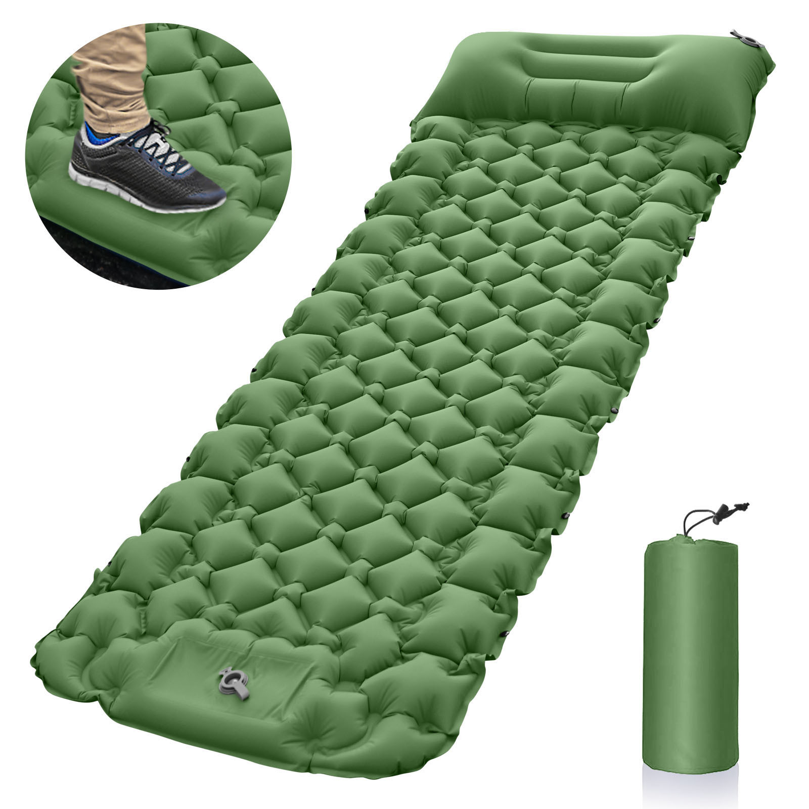 V888-ELOSUNG18323-202506191145-00 Green Portable Outdoor Inflatable Mat - Foot-Operated Camping Sleeping Pad - Image 1
