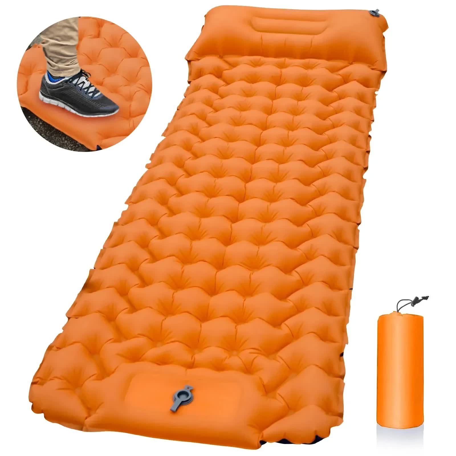 V888-ELOSUNG18327-202506191120-00 Orange Portable Outdoor Inflatable Mat - Foot-Operated Camping Sleeping Pad - Image 1