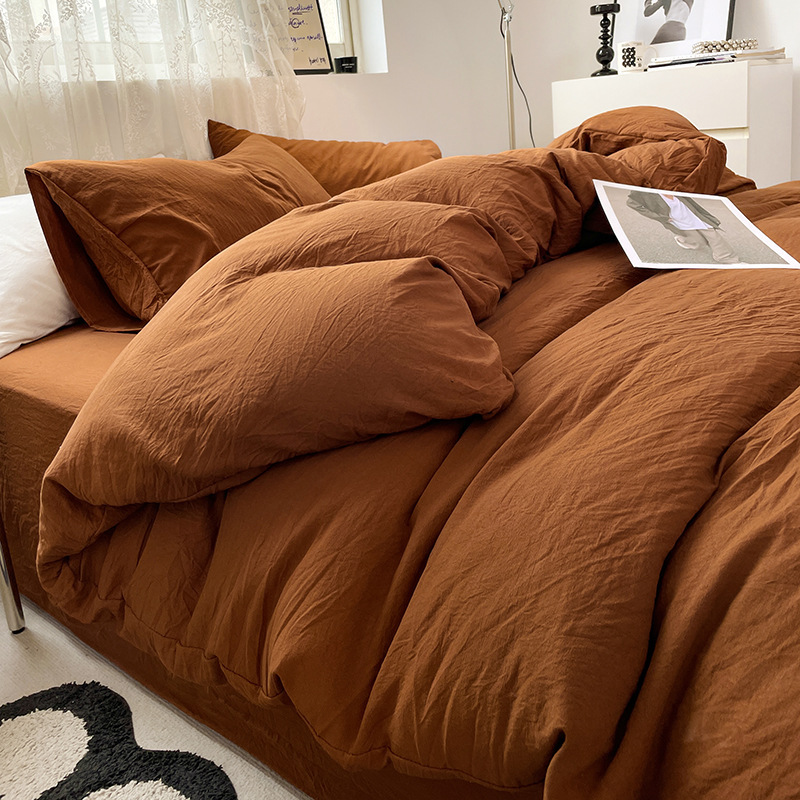 V888-ELOSUNG19109-225868-00 Caramel Solid Color Solid Color Solid Color 1.5m Bed Fitted Sheet Set with 200x230cm Duvet Cover - 4-Piece Bedding Set - Image 1
