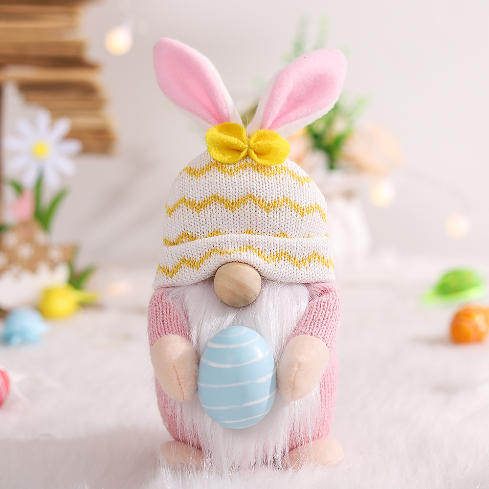 V888-ELOSUNG19507-202503071436-00 Pink Fat Doll Easter Gnome Doll - Knitted Fabric with Egg and Bunny Ears Decor - Image 1