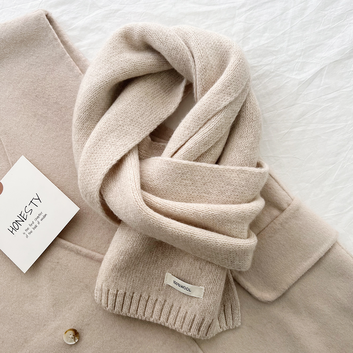 V888-ELOSUNG19608-202503111233-00 Beige Luxurious 100% Wool Scarf for Women and Men - Soft, Warm, and Stylish - Image 1