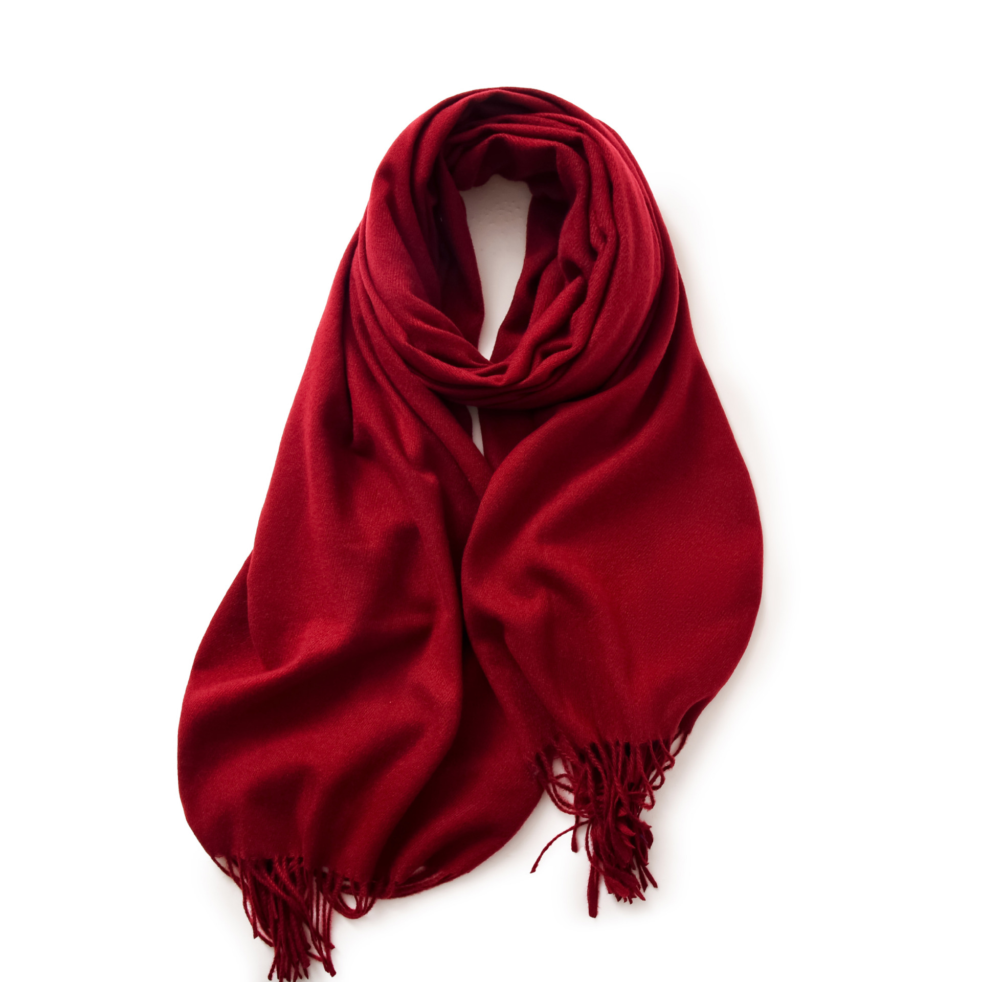 V888-ELOSUNG19627-202503111136-00 Wine Red 2 PCS Faux Cashmere Solid Color Scarf Shawl with Tassels - Warm Korean Style Wrap (180cm x 70cm) - Image 1