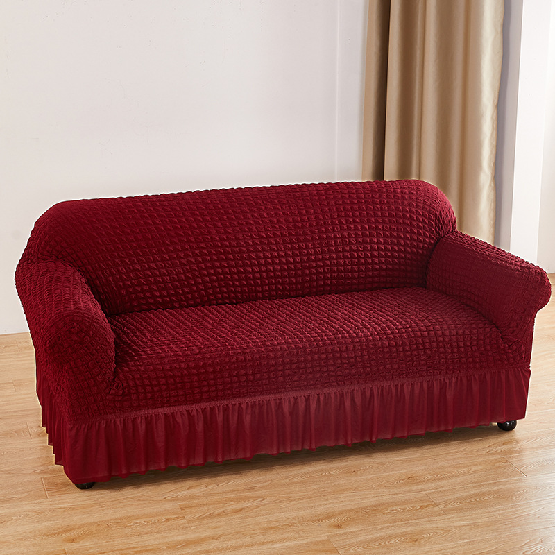 V888-ELOSUNG19937-202503211808-00 Wine-red Single Sofa Bubble Gauze Sofa Cover with Skirt - Full Elastic Dustproof Single Seater 90-140cm - Image 1