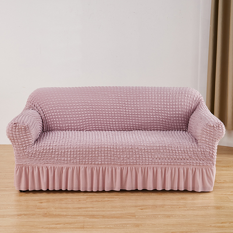 V888-ELOSUNG19951-202503211606-00 Pink Double Sofa Bubble Gauze Sofa Cover with Skirt - Full Elastic Dustproof Double Seater 145-185cm - Image 1