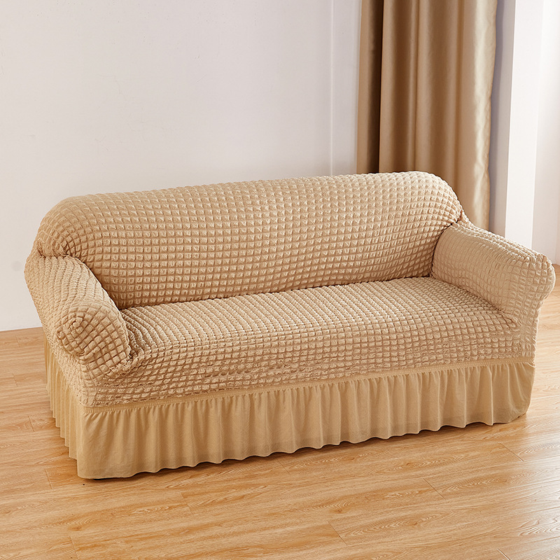 V888-ELOSUNG19957-202503211610-00 Beige Double Sofa Bubble Gauze Sofa Cover with Skirt - Full Elastic Dustproof Double Seater 145-185cm - Image 1