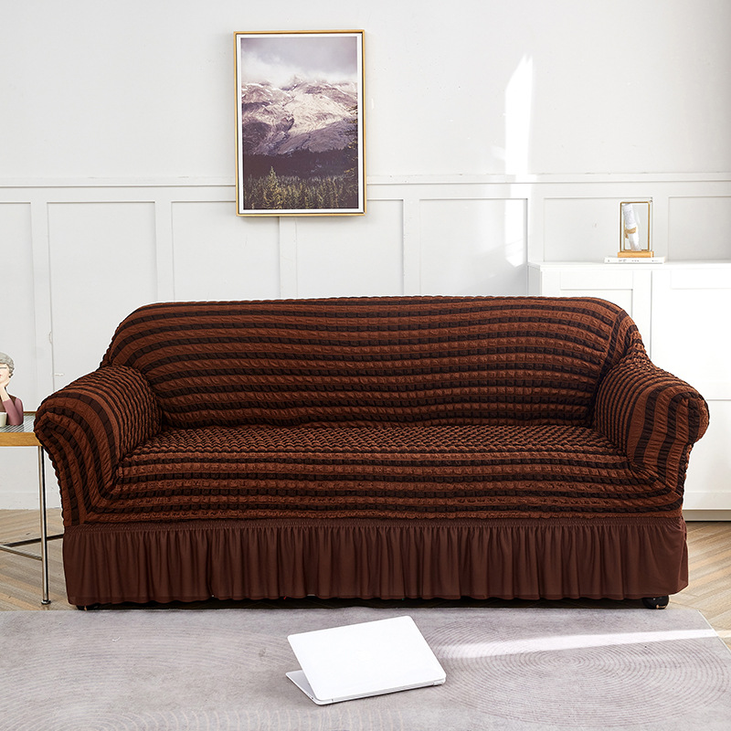 V888-ELOSUNG19964-202503211619-00 Light-coffee and Dark-coffee Double Sofa Bubble Gauze Sofa Cover with Skirt - Full Elastic Dustproof Double Seater 145-185cm - Image 1
