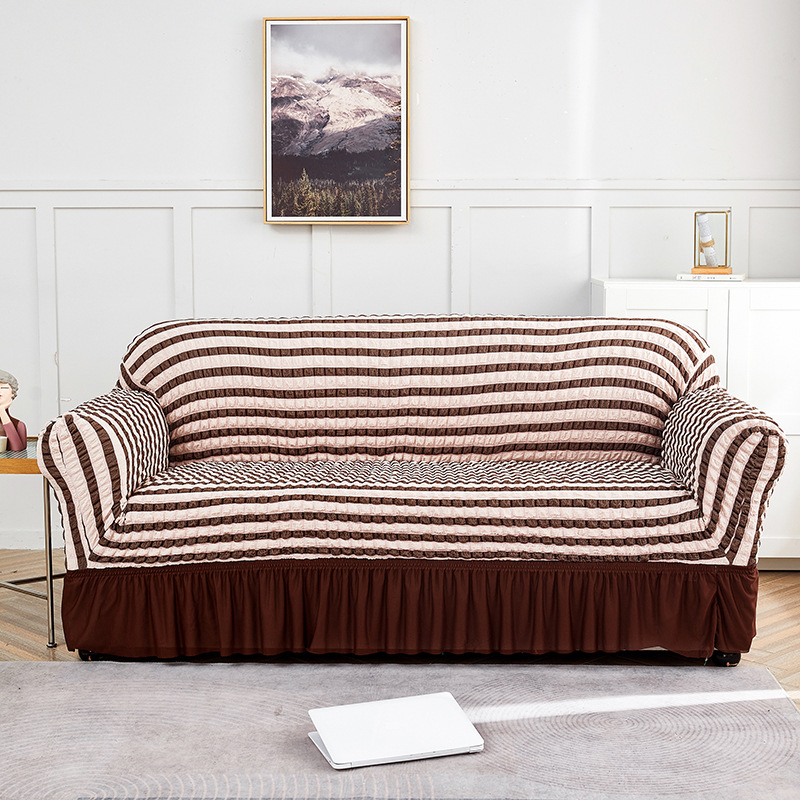 V888-ELOSUNG19981-202503211525-00 Pink-coffee Three-person Sofa Bubble Gauze Sofa Cover with Skirt - Full Elastic Dustproof Three-person Seater 190-230cm - Image 1