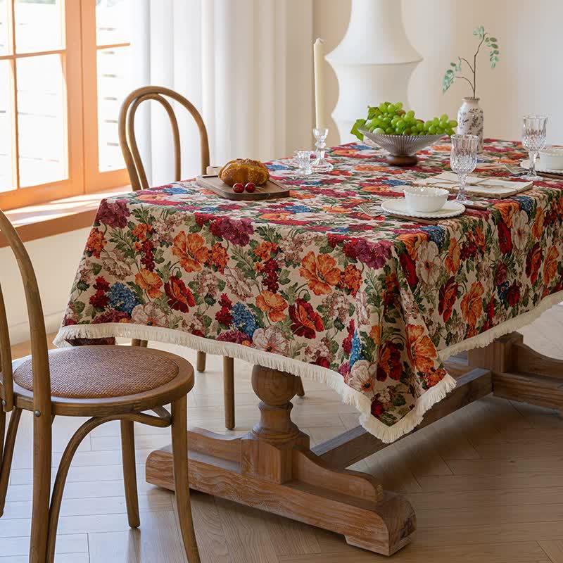 V888-ELOSUNG20022-224121-00 Floral Cotton Linen Tablecloth | Vintage Style Country Garden Design, 90*140cm - Image 1