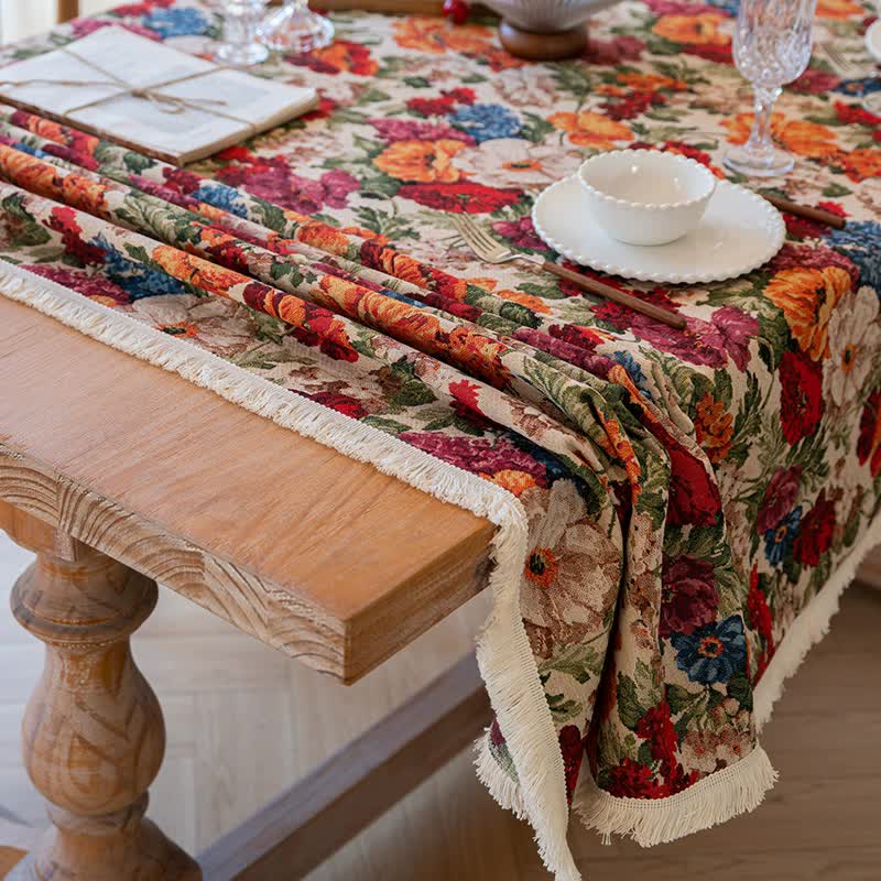 V888-ELOSUNG20024-224127-00 Floral Cotton Linen Tablecloth | Vintage Style Country Garden Design, 140*140cm - Image 1