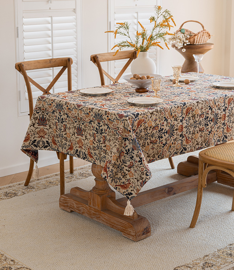 V888-ELOSUNG20030-224205-00 Floral Vintage Bird Tassel Tablecloth | Vintage Cotton and Linen Jacquard Tablecloth, 140*180cm - Image 1
