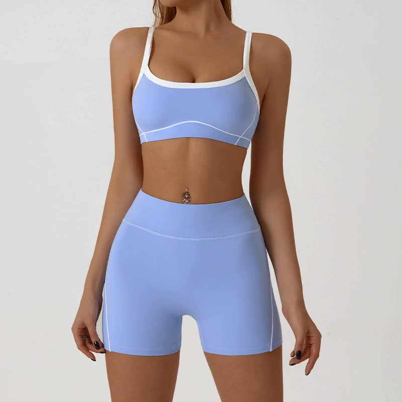 V888-ELOSUNG20077-224386-00 Blue Sporty Yoga Set with Contrast Spaghetti Straps - Slim Fit Outdoor Fitness Wear - Size L - Image 1