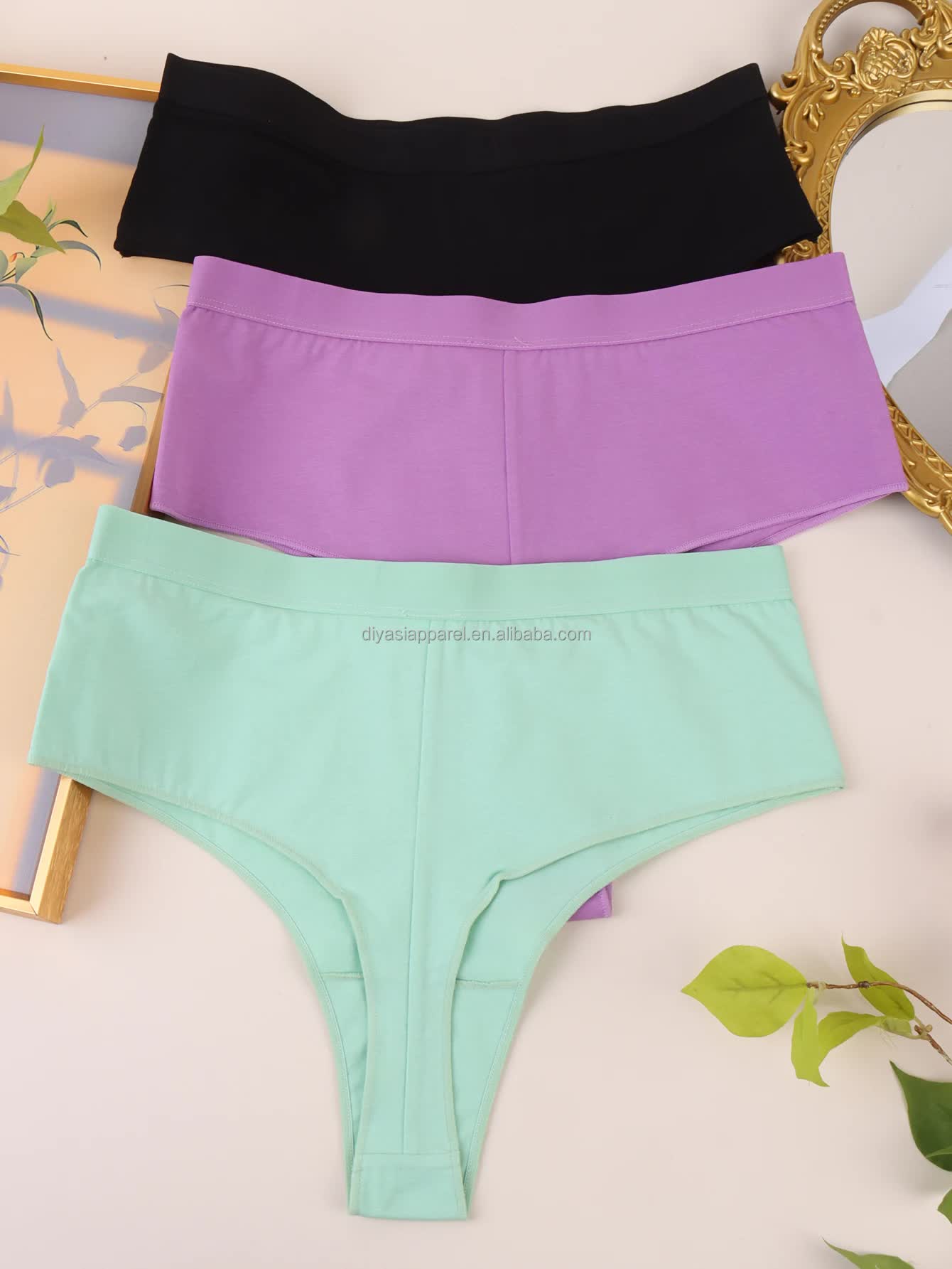 V888-ELOSUNG20139-224734-00 3 pcs(MINT green+Black+Violet) High-Waisted Solid Color Cotton Comfort Plus Size Tummy Control Thong Panties for Women – Size S - Image 1