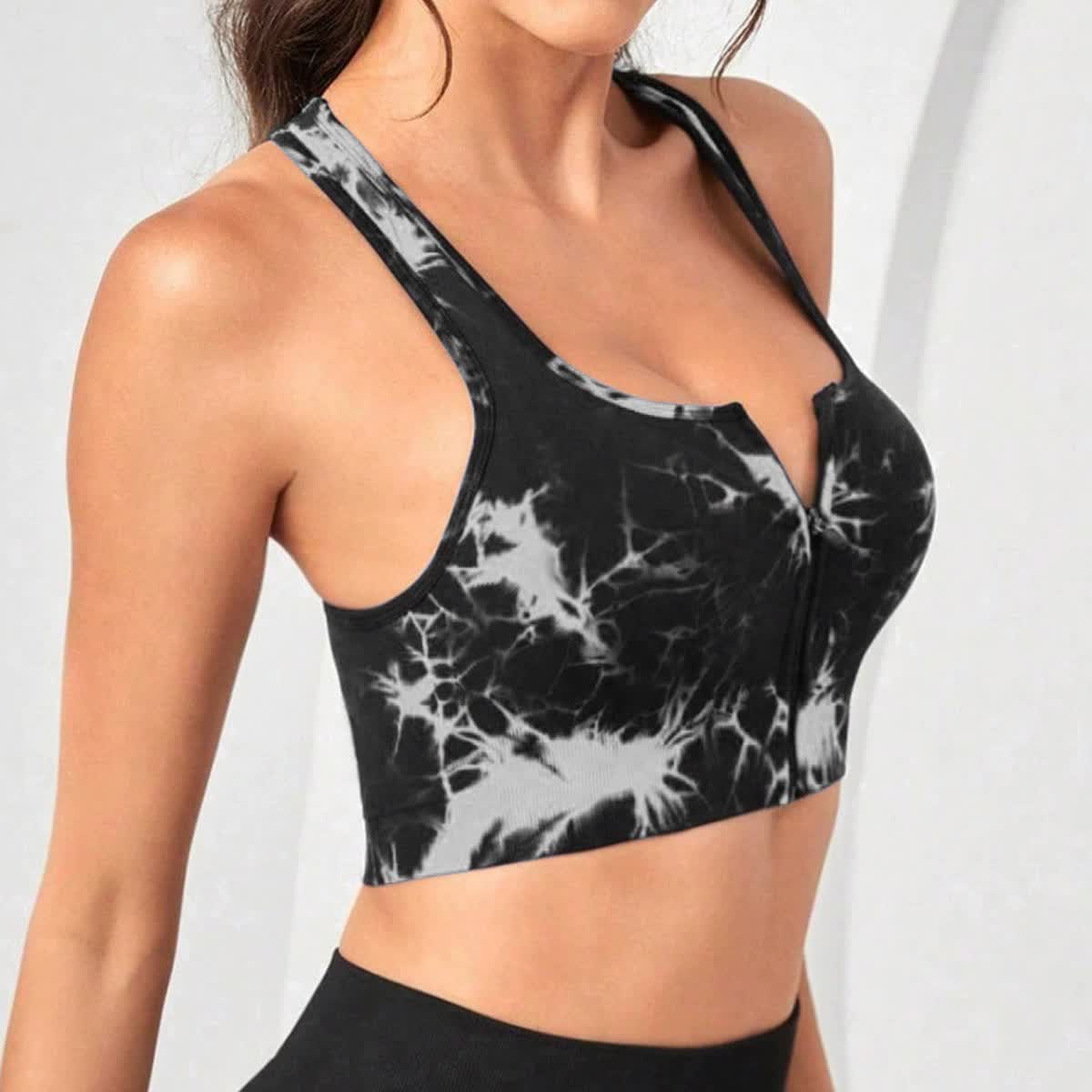 V888-ELOSUNG20197-224463-00 Women's Black Tie Dye Zip-Up Sports Bra | Shockproof, Push-Up Size S - Image 1