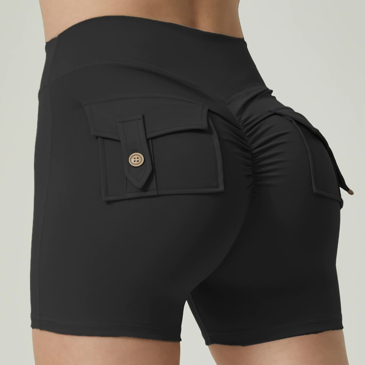 V888-ELOSUNG20239-224131-00 Black High-Waisted Yoga Shorts with Pockets for Women - Butt-Lifting, Breathable, and Comfortable Activewear S - Image 1