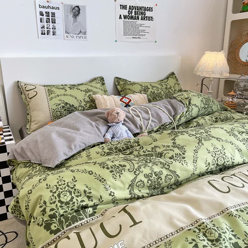 V888-ELOSUNG20322-225828-00 Green Floral 4-Piece Bedding Set - Soft and Lovely Bed Sheets (Quilt 200x230cm, Flat Sheet 230x230cm, Pillowcase 48x47cm*2) - Image 1