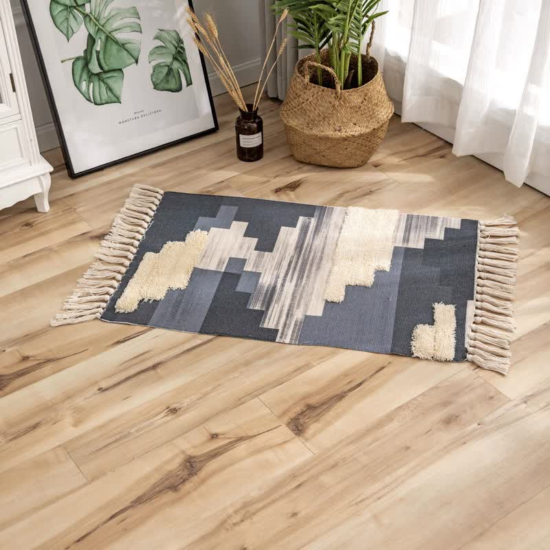 V888-ELOSUNG20340-225935-00 Handwoven Cotton Tassel Floor Rug for Bedroom or Living Room|Soft, Modern Geometric Design,60x90cm - Image 1