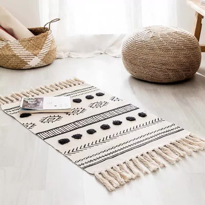 V888-ELOSUNG20342-225939-00 Handwoven Cotton Tassel Floor Rug for Bedroom or Living Room|Soft, Modern Geometric Design,60x90cm - Image 1