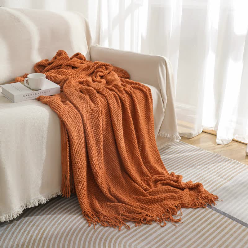 V888-ELOSUNG20354-226811-00 Orange Premium Woven Knitted Throw Blanket with Tassels | Soft, Cozy Sofa & Bed Blanket, Perfect for Office or Afternoon Naps 130x260cm - Image 1