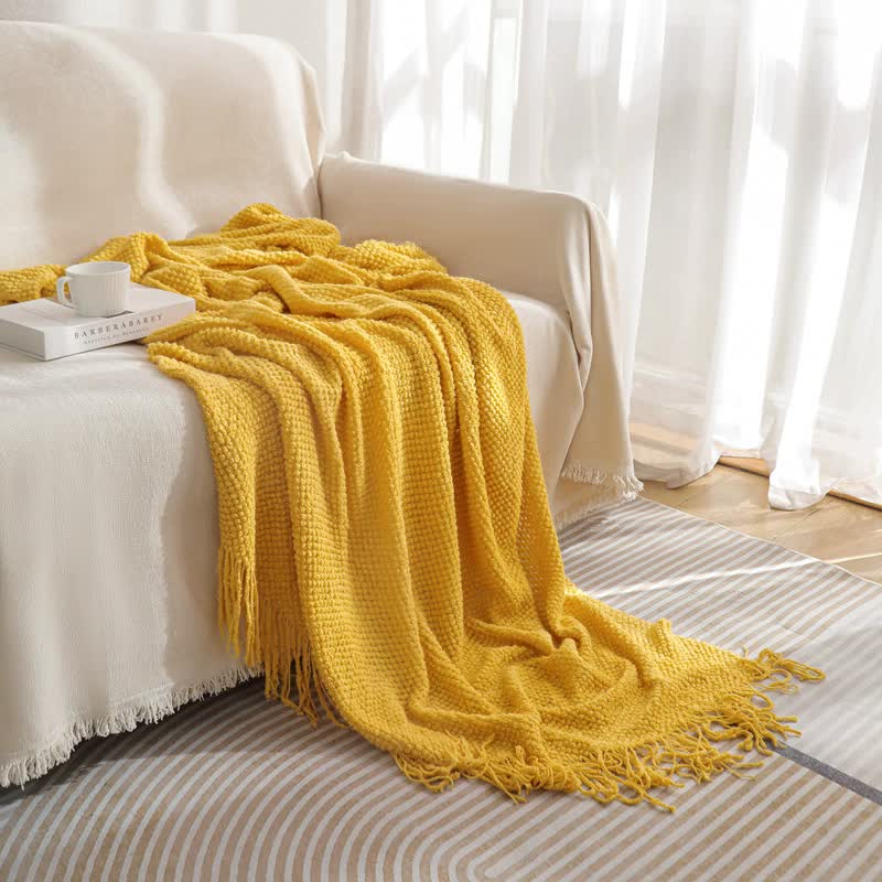 V888-ELOSUNG20355-226812-00 Yellow Premium Woven Knitted Throw Blanket with Tassels | Soft, Cozy Sofa & Bed Blanket, Perfect for Office or Afternoon Naps 127x172cm - Image 1