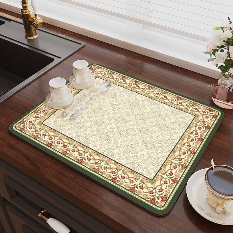 V888-ELOSUNG20501-202502241710-00 Green flowers Kitchen Drying Mat - Super Absorbent Dish & Cup Drainer Pad 40x50cm - Image 1