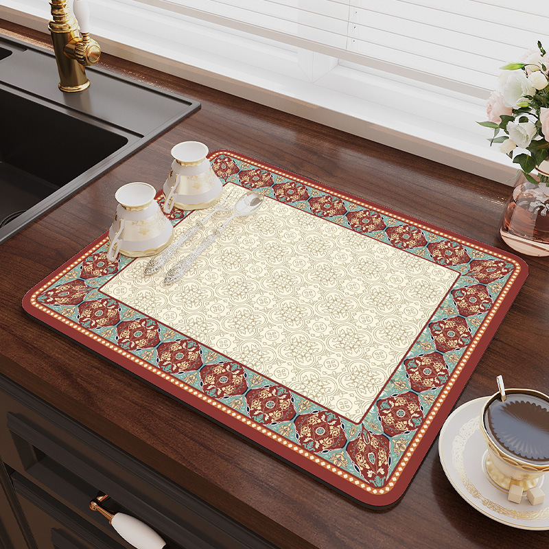 V888-ELOSUNG20504-202502241711-00 Red patterns Kitchen Drying Mat - Super Absorbent Dish & Cup Drainer Pad 40x50cm - Image 1