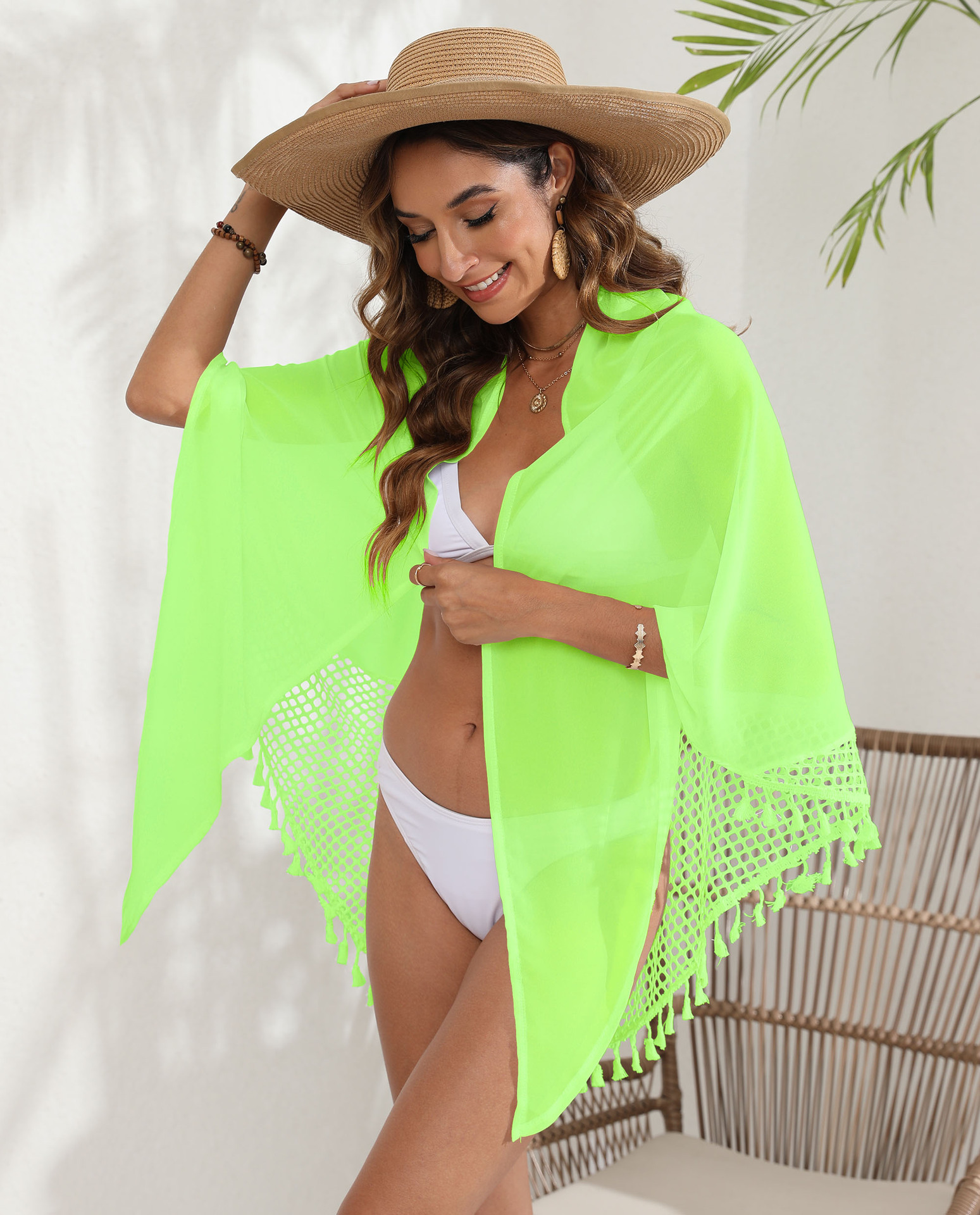 V888-ELOSUNG20530-202502251025-00 Fluorescent green Women's Mesh Detail Beach Wrap - Tassel Trim Swim Cover-Up 95x195cm - Image 1