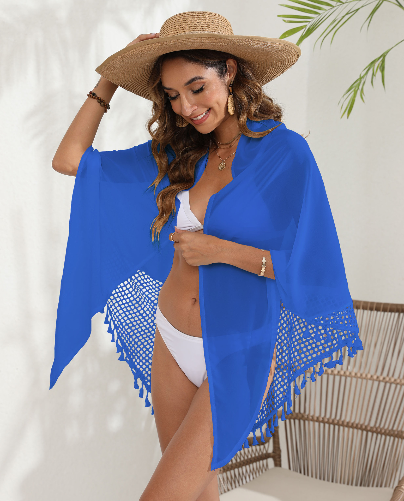 V888-ELOSUNG20531-202502251025-00 Blue Women's Mesh Detail Beach Wrap - Tassel Trim Swim Cover-Up 95x195cm - Image 1