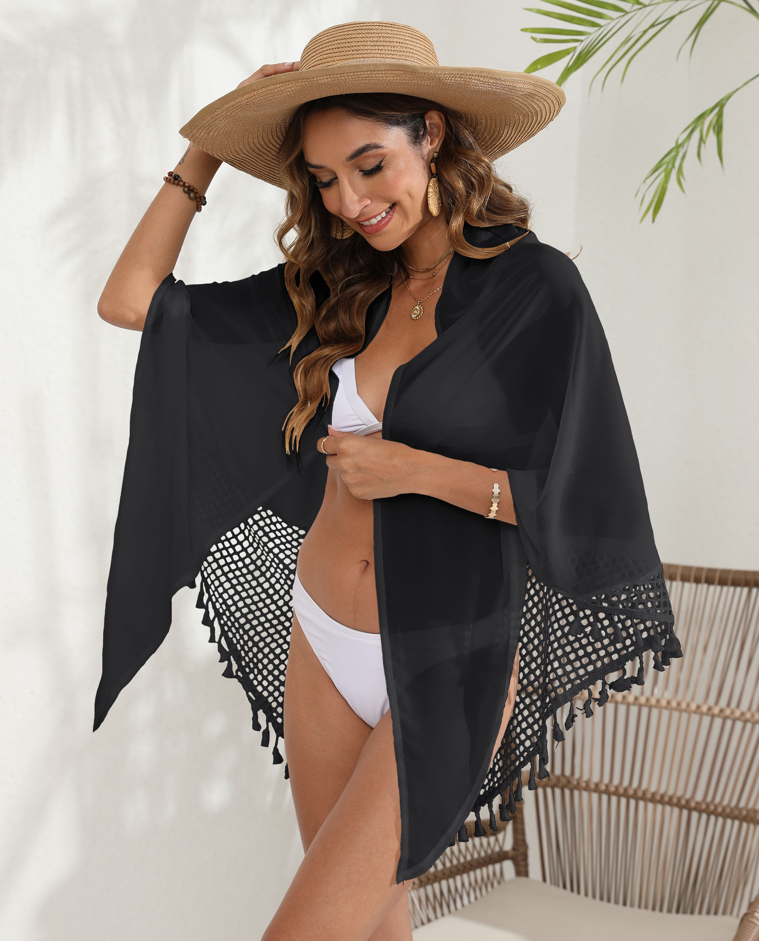 V888-ELOSUNG20532-202502251025-00 Black Women's Mesh Detail Beach Wrap - Tassel Trim Swim Cover-Up 95x195cm - Image 1