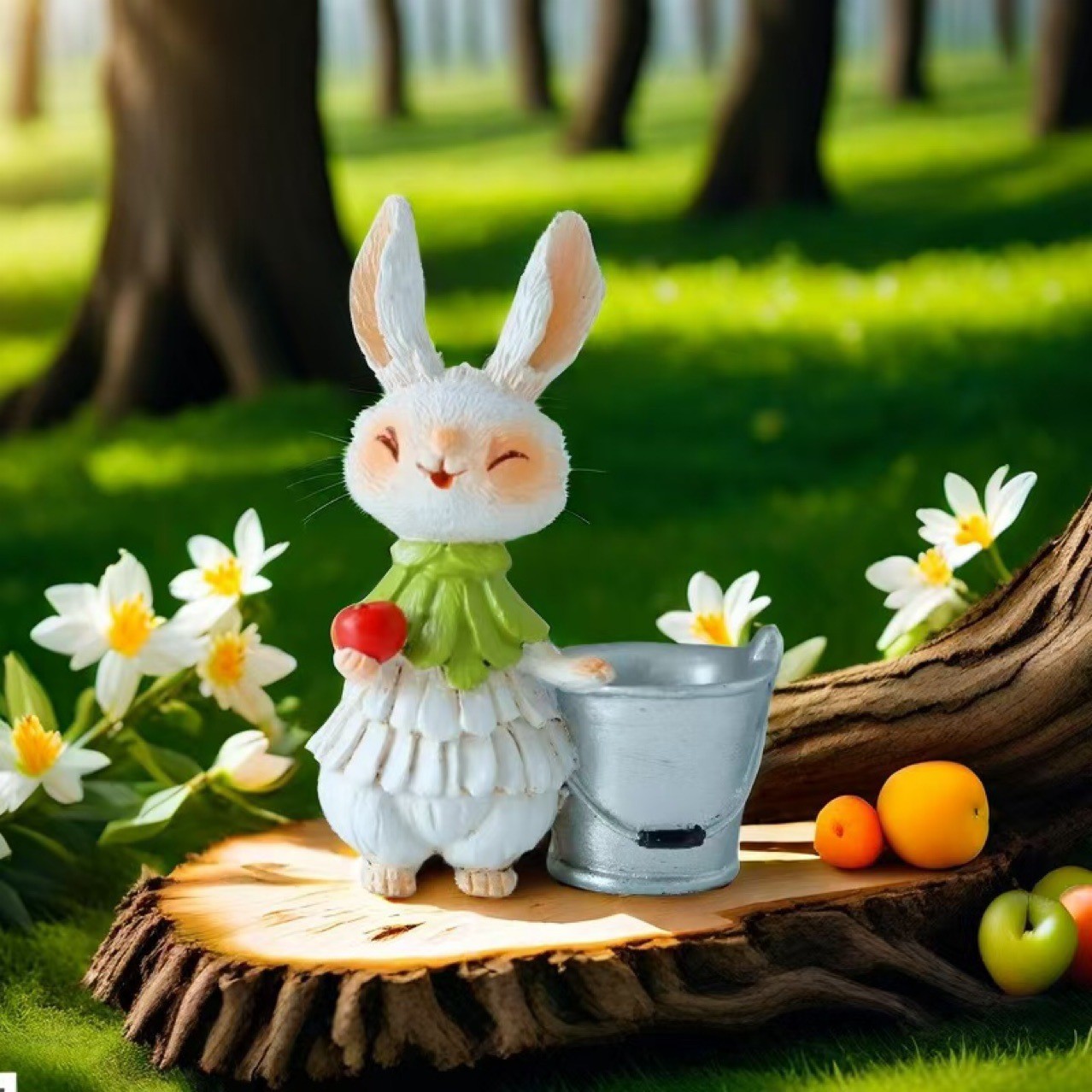 V888-ELOSUNG20545-202502251008-00 Green Bunny with Bucket Whimsical Bunny Garden Decor - Easter Flower Pot Statue - Image 1