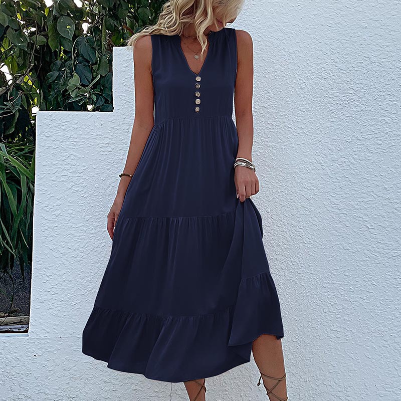 V888-ELOSUNG20562-202502261806-00 Navy blue Flowy Sleeveless Midi Dress - Sleeveless solid sundress with decorative buttons Size S - Image 1