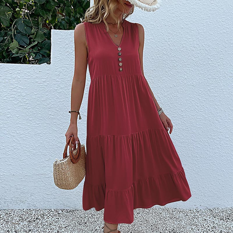 V888-ELOSUNG20574-202502261829-00 Wine red Flowy Sleeveless Midi Dress - Sleeveless solid sundress with decorative buttons Size L - Image 1